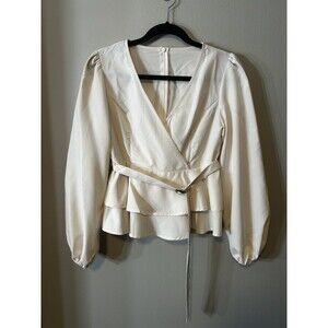 Womens Medium Blouse Cream Peplum Hem Long Puff Sleeve Elegant Top